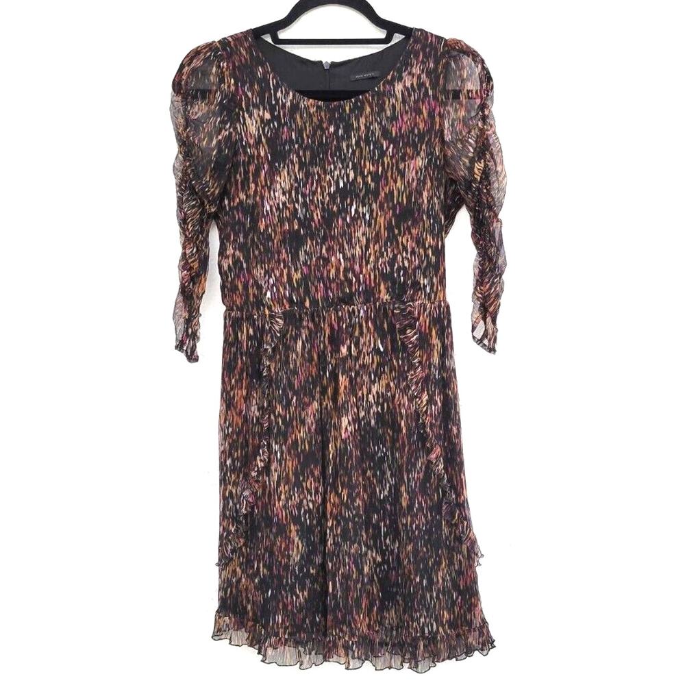 IKKS Dress‎ Womens 4 Black Multicolor 100% Silk Printed Ruffled Sheer Mini Y2K